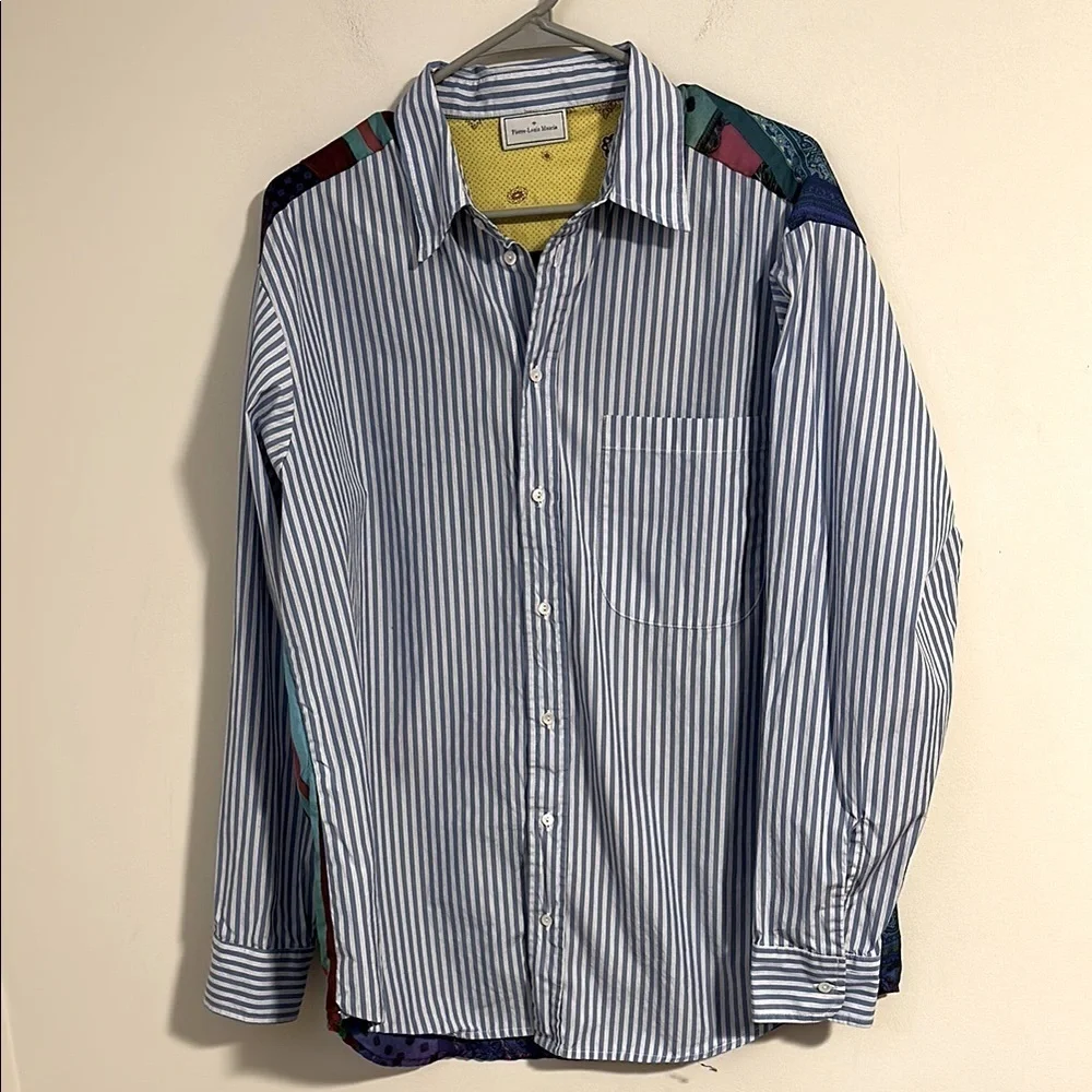 Pierre-Louis Mascia blue stripe cotton silk scarf paisley button down shirt XS